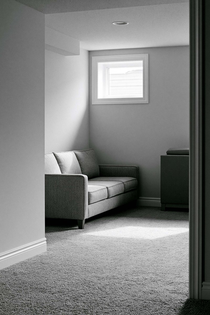 Finished basement room with a sofa and a small window high on the wall