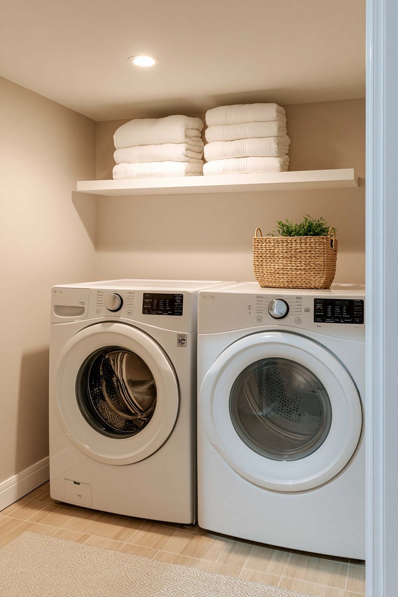 Tidy laundry room with a dry painted ceiling above a washer and dryer