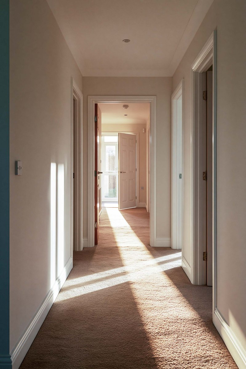 Interior hallway with smooth painted walls and an open door at the far end