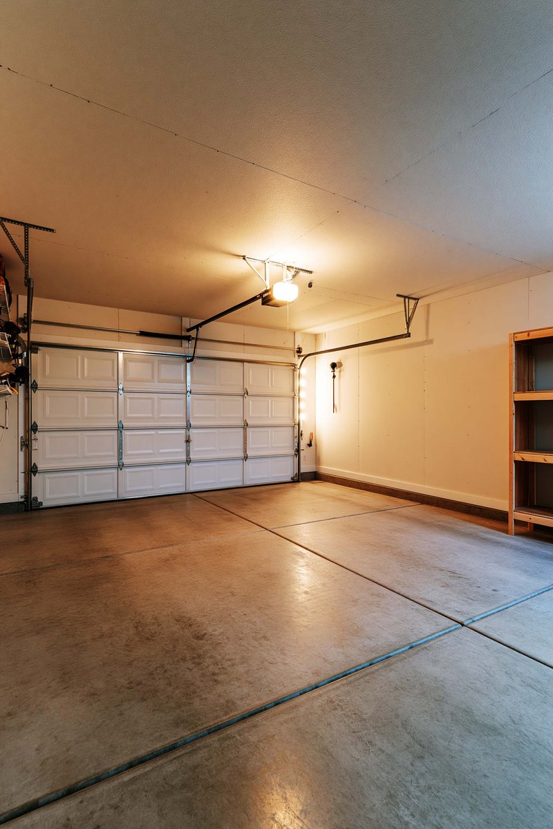 Finished two-car garage with boarded painted walls and a sectional door