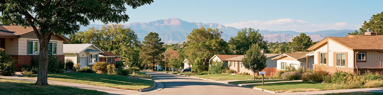 Residential street of single-story houses with a mountain front behind